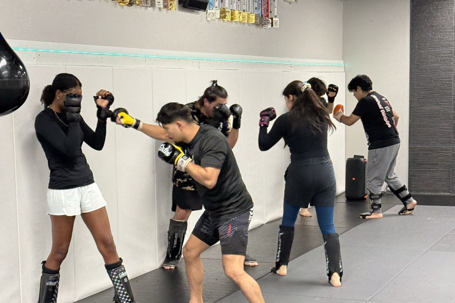 Adults training kickboxing with gloves and shin guards